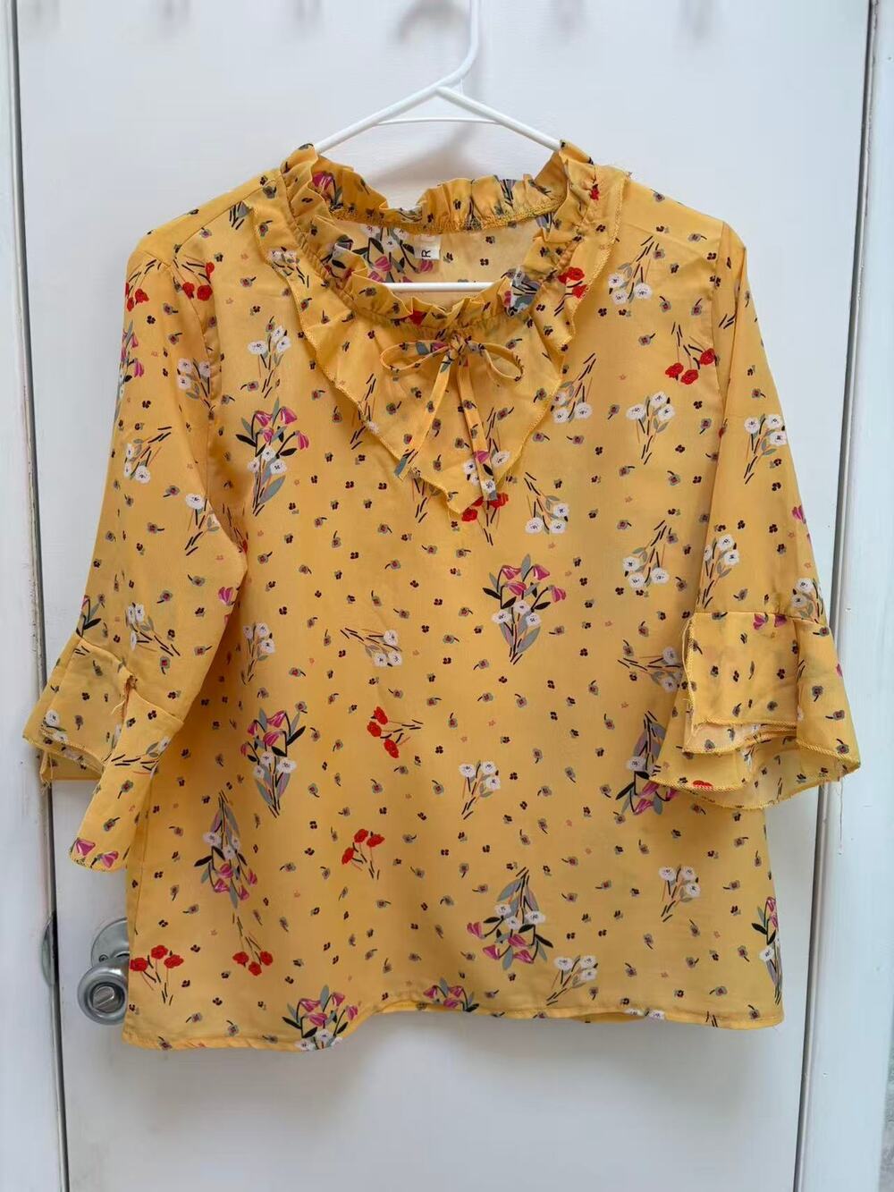 Yellow Floral Chiffon Blouse Large Ruffle Neck Boho Bell Sleeve Top Cottagecore